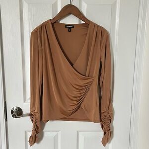Express Ruched Wrap Front V-Neck Blouse